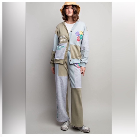 Easel Los Angeles Tops - Easel Good Vibes Only Women’s Cardi With Sweats set Gray/Olive Size Small